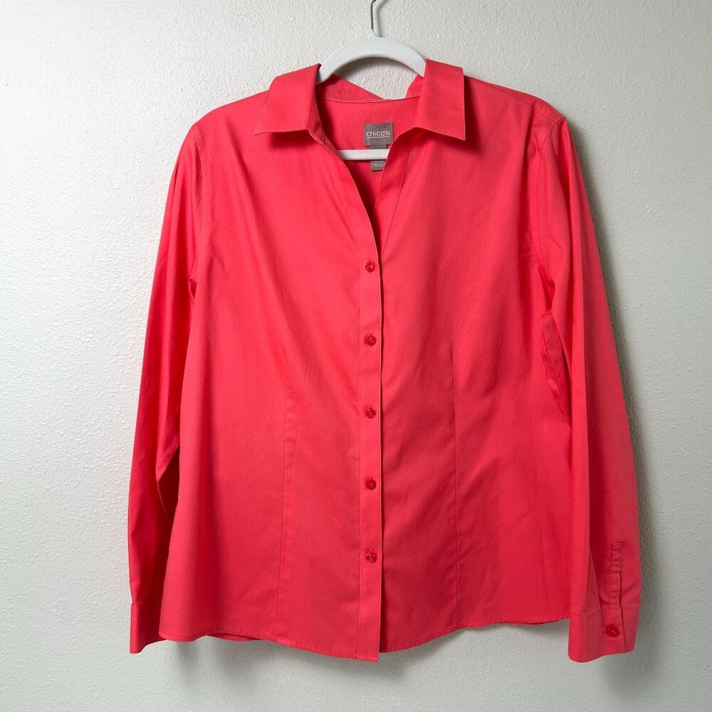 Chicos Button Front Shirt Womens Size L 2 Coral Pink Wrinkle Resistant Blouse